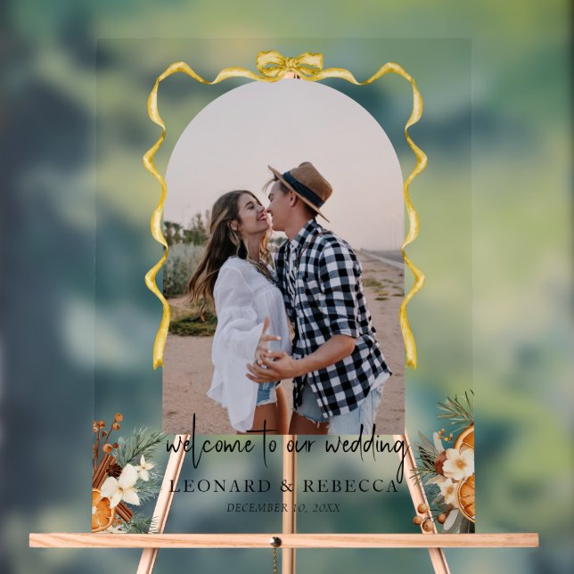 Boho gold bow greenery Wedding photo Acrylic Sign (Neutral)