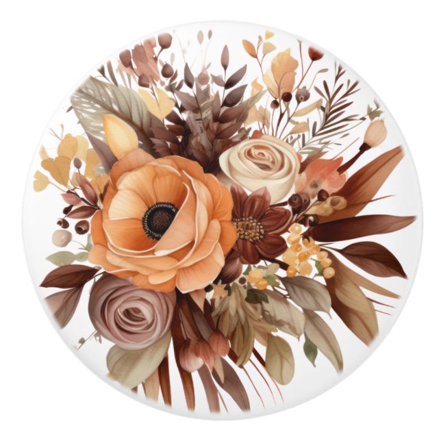 Boho Gold Brown Flowers Floral Ceramic Knob (Front)