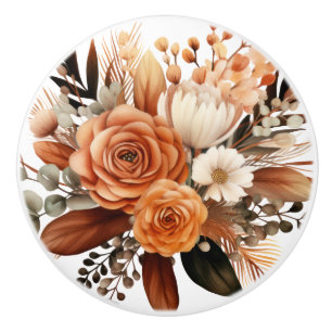Boho Gold Brown Flowers Floral Ceramic Knob