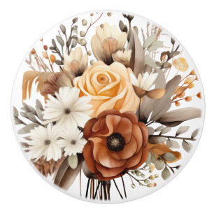 Boho Gold Brown Flowers Floral Ceramic Knob