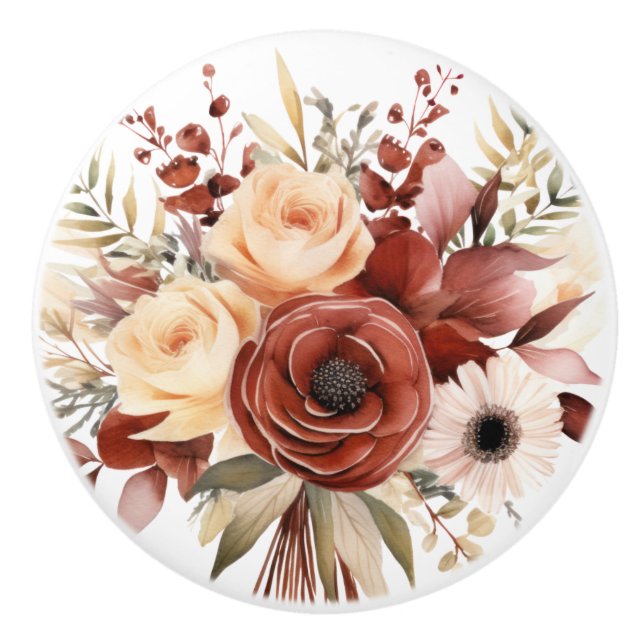 Boho Gold Brown Flowers Floral Ceramic Knob (Front)