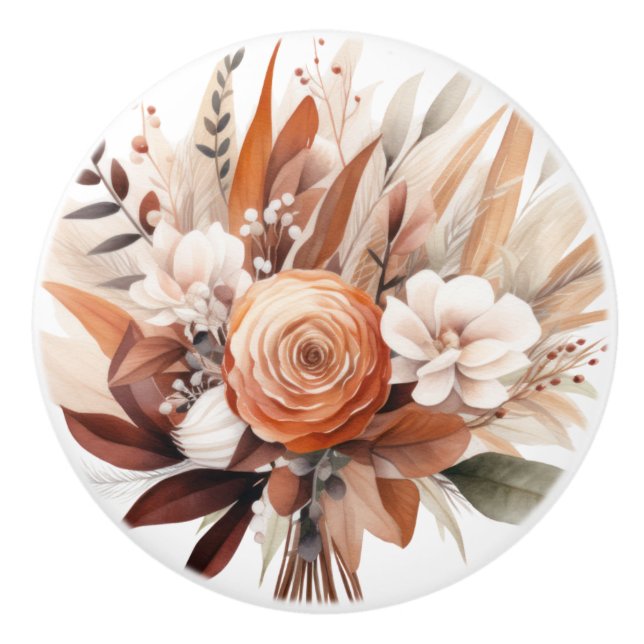 Boho Gold Brown Flowers Floral Ceramic Knob (Front)