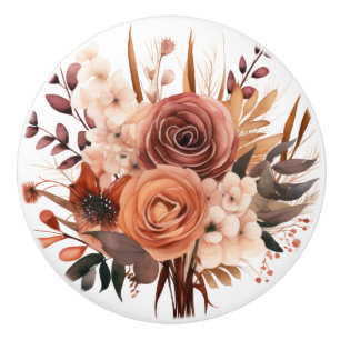 Boho Gold Brown Flowers Floral Ceramic Knob