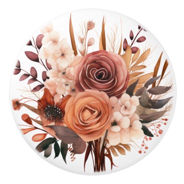 Boho Gold Brown Flowers Floral Ceramic Knob (Front)