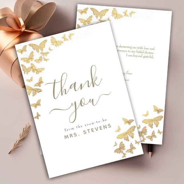Boho Gold Butterflies Chic Bridal Shower Thank You Card (Creator Uploaded)