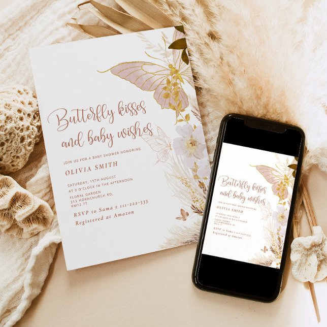 Boho gold Butterfly kisses baby shower Invitation (Creator Uploaded)