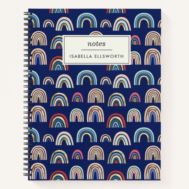 Boho Gold Colourful Blue Abstract Rainbow Arch Notebook (Front)
