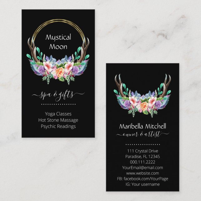 Boho Gold Crystal Cluster Flowers Feathers Busines Business Card (Front/Back)