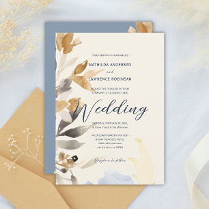 Boho Gold Dusty Blue Winter Floral Wedding Invitation