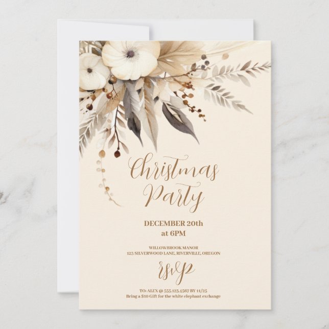 Boho Gold Floral Christmas Party Invitation (Front)