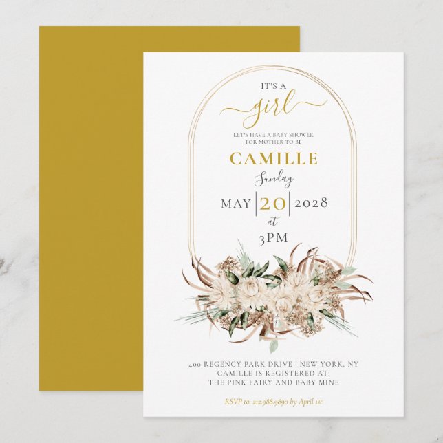 Boho Gold Floral Frame Baby Shower Invitation (Front/Back)