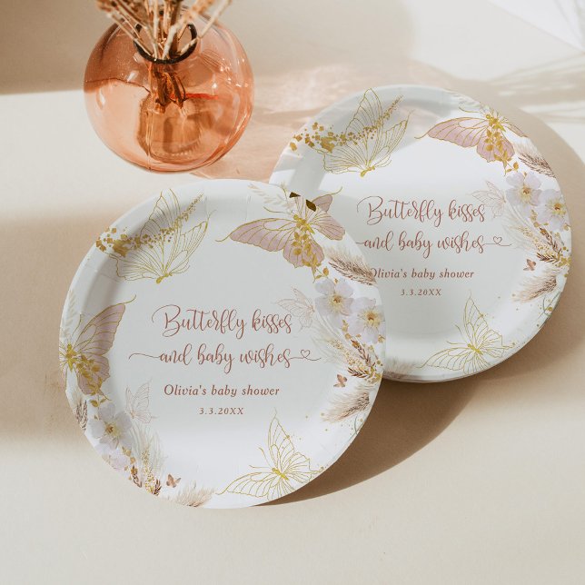 Boho gold foil butterfly kisses baby shower paper plate (Creator Uploaded)