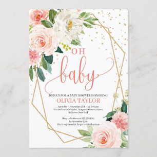 Boho Gold Geometric BLush Pink Floral Oh baby Invitation