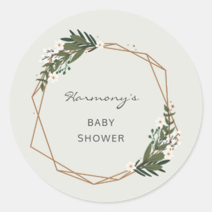 Boho Gold Geometric Greenery Elegant Baby Shower Classic Round Sticker