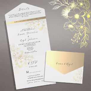 Boho Gold Gilded Floral Wedding All In One Invitation