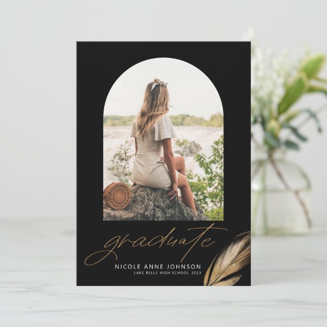 Boho Gold Glitter Feather Black Photo Graduation Announcement (Standing Front)