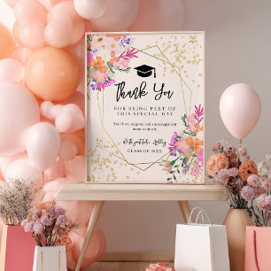 Boho Gold Glitter Floral Pink Graduation Thank You Poster