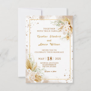 Boho Gold Glitter Pampas Grass & Orchid Wedding Invitation