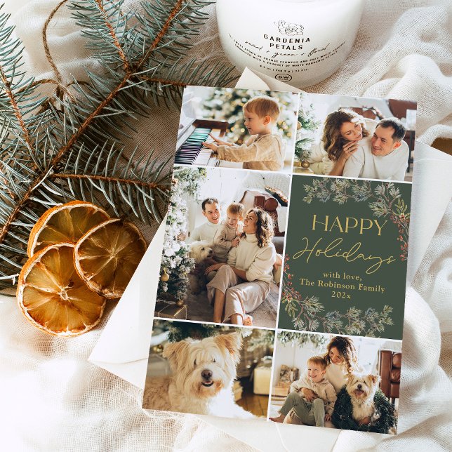 Boho Gold Green Five Photo Family Holiday Card (Creator Uploaded)