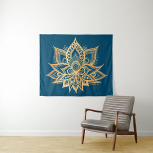 Boho Gold Lotus Flower Mandala Art Blue Tapestry