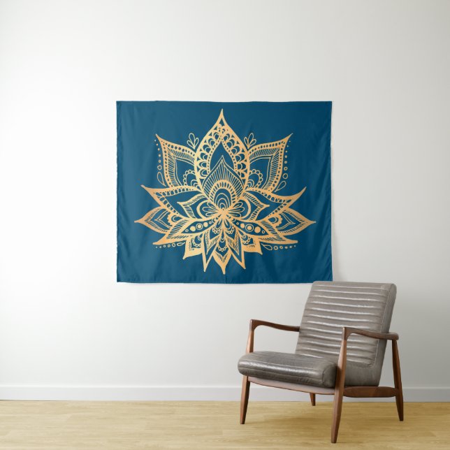 Boho Gold Lotus Flower Mandala Art Blue Tapestry (In Situ (Horizontal))