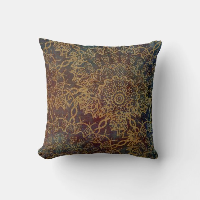 Boho Gold Mandala Pattern Over Blue Red Grunge Cushion (Front)