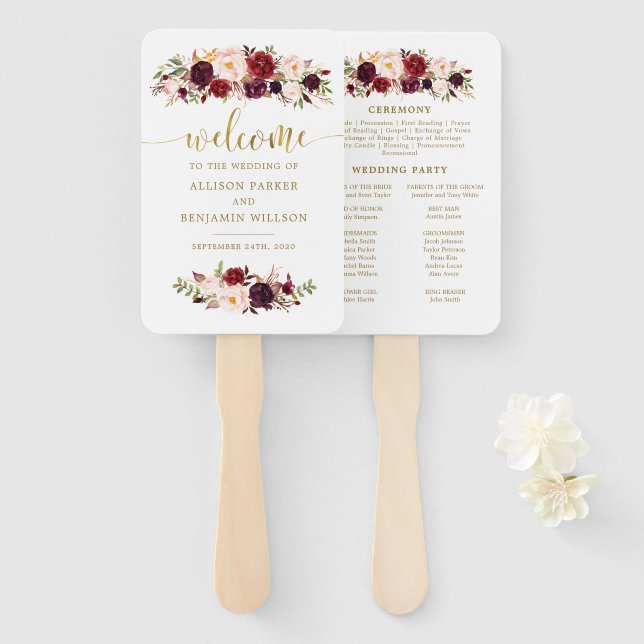 Boho Gold Marsala Floral Wedding Program Fans (Front and Back)