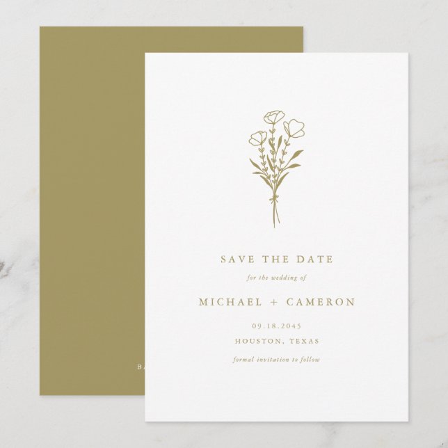 Boho Gold Minimalist Botanical Bouquet Save The Date (Front/Back)