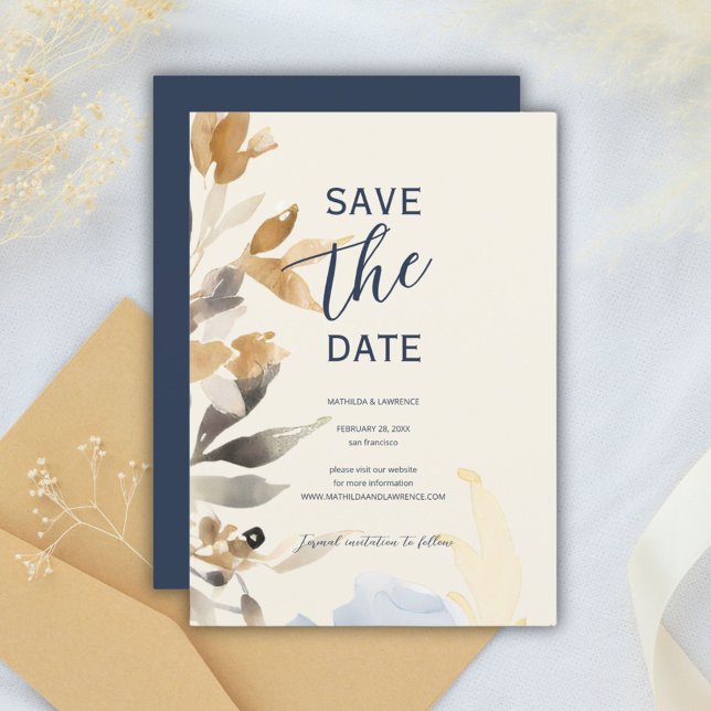Boho Gold Navy Blue Winter Floral Wedding Save The Date (Boho Gold Navy Blue Winter Floral Wedding Save The Date)