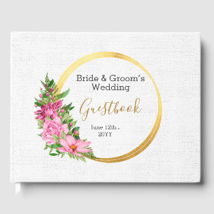 Boho Gold Pink Floral Watercolor Guest Book