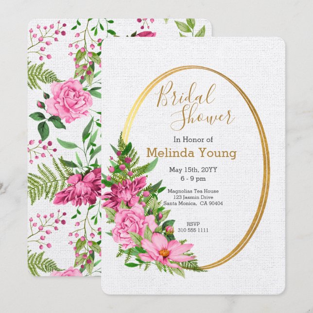 Boho Gold Pink Watercolor Floral Bridal Shower Invitation (Front/Back)