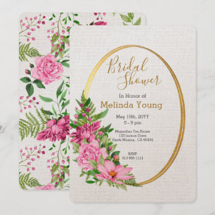 Boho Gold Pink Watercolor Floral Bridal Shower Invitation
