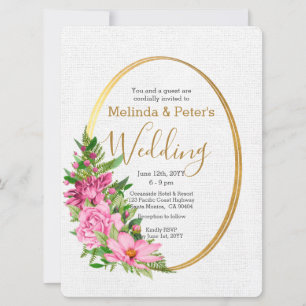 Boho Gold Pink Watercolor Floral Wedding Invitation