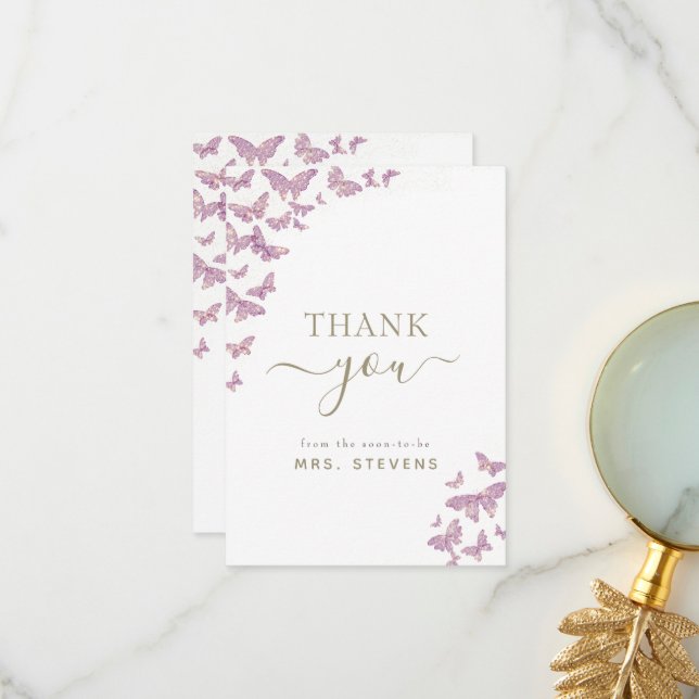 Boho Gold Purple Butterfly Bridal Shower Thank You Card (Front/Back In Situ)