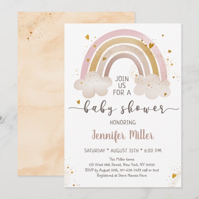Boho Gold Rainbow Clouds Baby Shower Invitation (Front/Back)