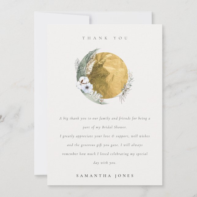 Boho Gold Saga Green Floral Wreath Bridal Shower Thank You Card (Front)
