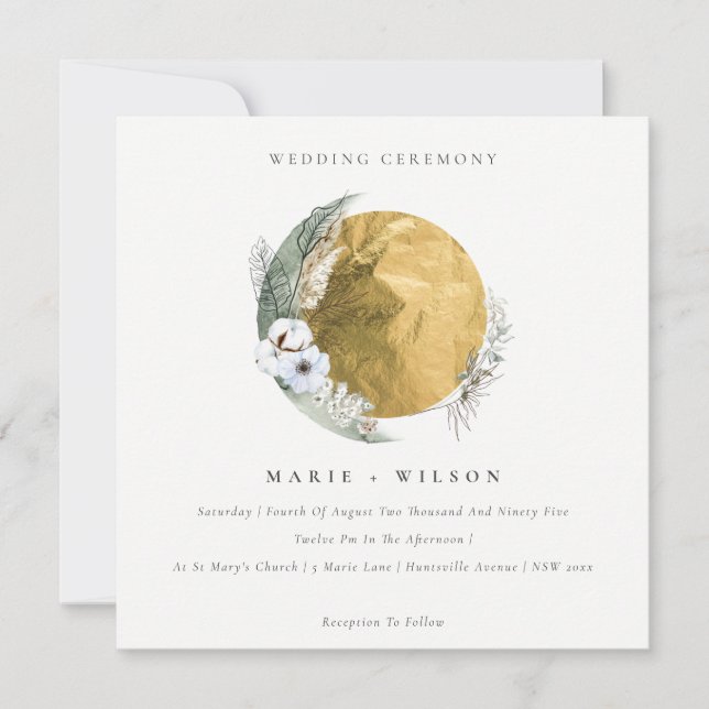 Boho Gold Saga Green Floral Wreath Wedding Invite (Front)