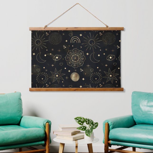 Boho Gold Space doodles Black Design Hanging Tapestry (Living Room)