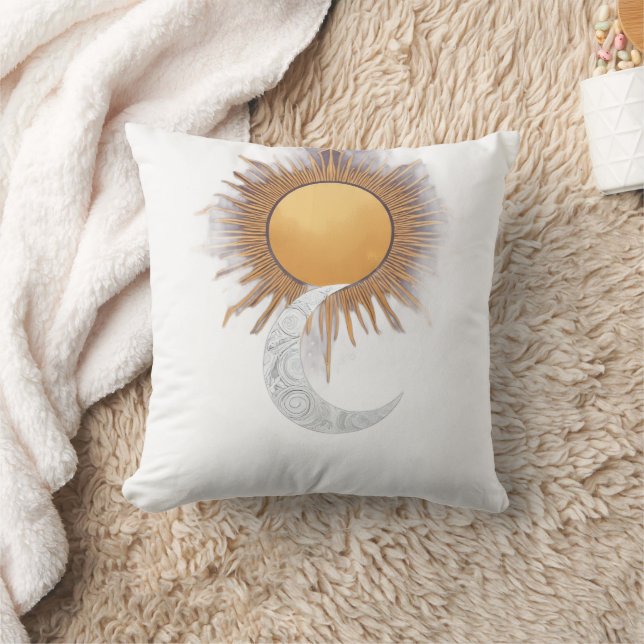 Boho Gold Sun Moon Celestial Throw Pillow (Blanket)