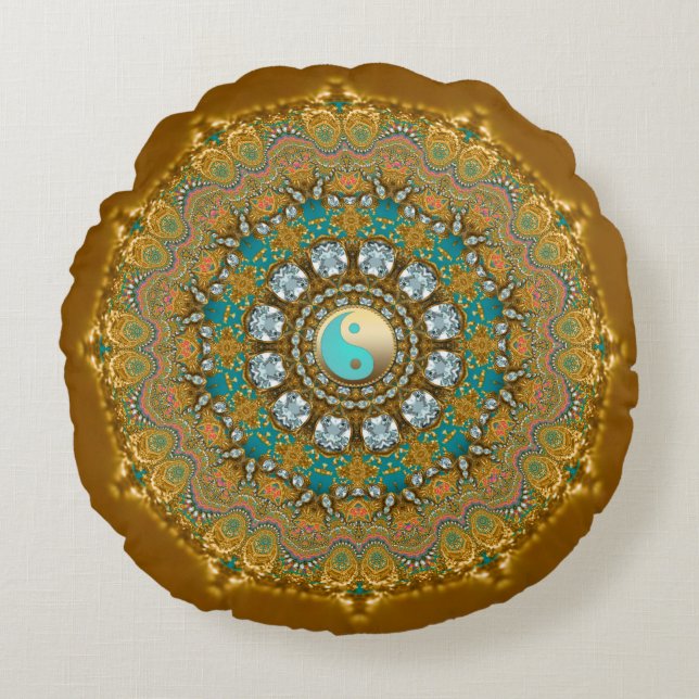 Boho Gold Turquoise Yin Yang Jewel Mandala Round Cushion (Front)
