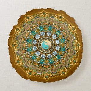 Boho Gold Turquoise Yin Yang Jewel Mandala Round Round Cushion