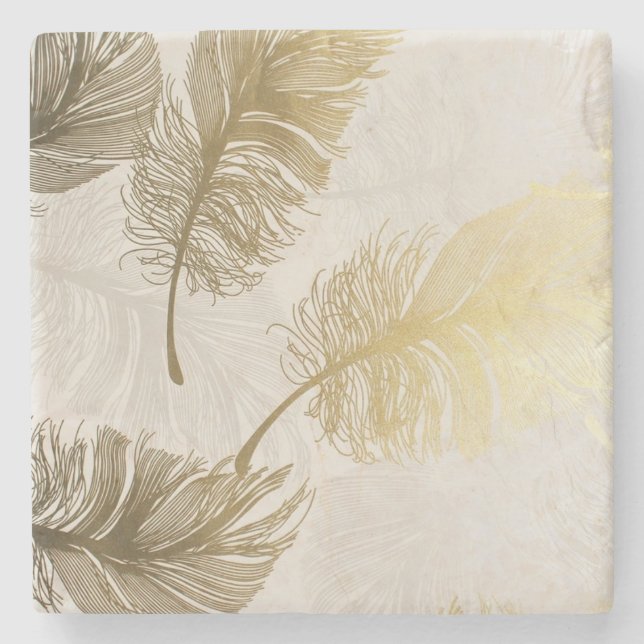 Boho Golden Feathers Stone Coaster (Front)