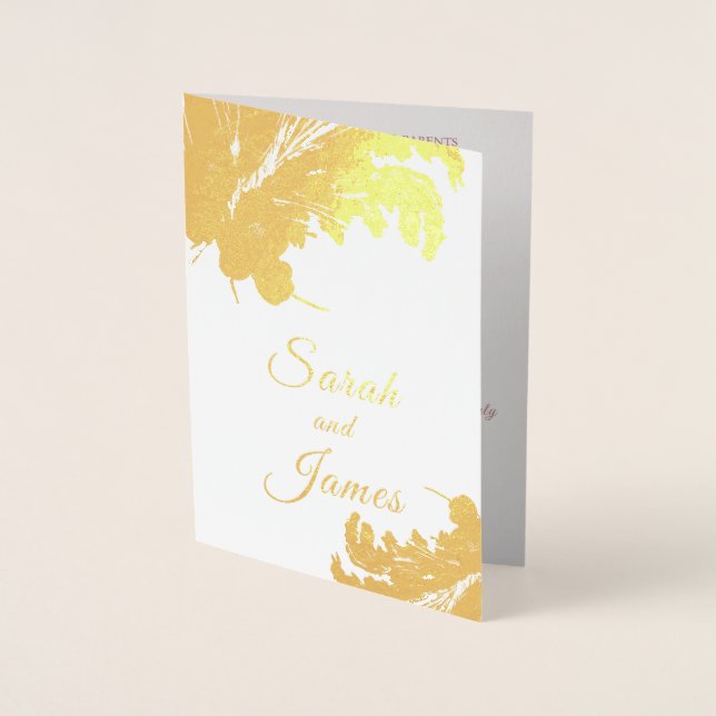 Boho Golden Floral Pampa Grass Wedding  Foil Card (Front)