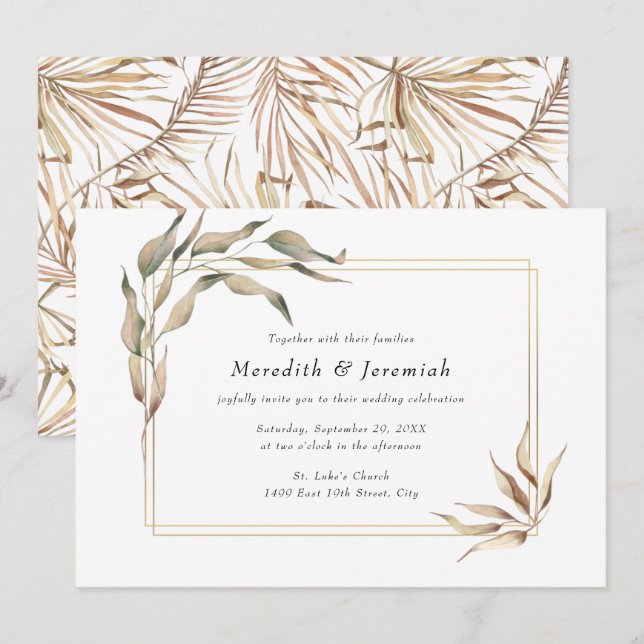 Boho Golden Greenery Wedding Invitation (Front/Back)
