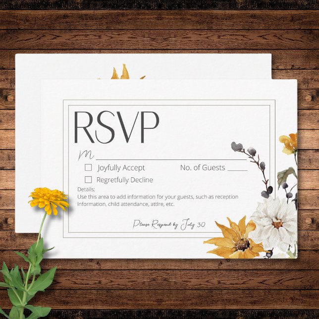 Boho Golden Yellow Meadow Flower White No Dinner RSVP Card (Boho Golden Yellow Meadow Flower White No Dinner RSVP Card)