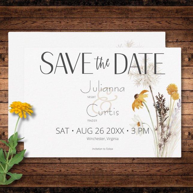 Boho Golden Yellow Meadow Flowers Wedding Save The Date (Boho Golden Yellow Meadow Flowers Yellow RSVP Card)
