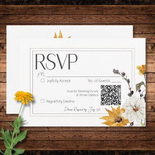 Boho Golden Yellow Meadow Flowers White QR Code RSVP Card