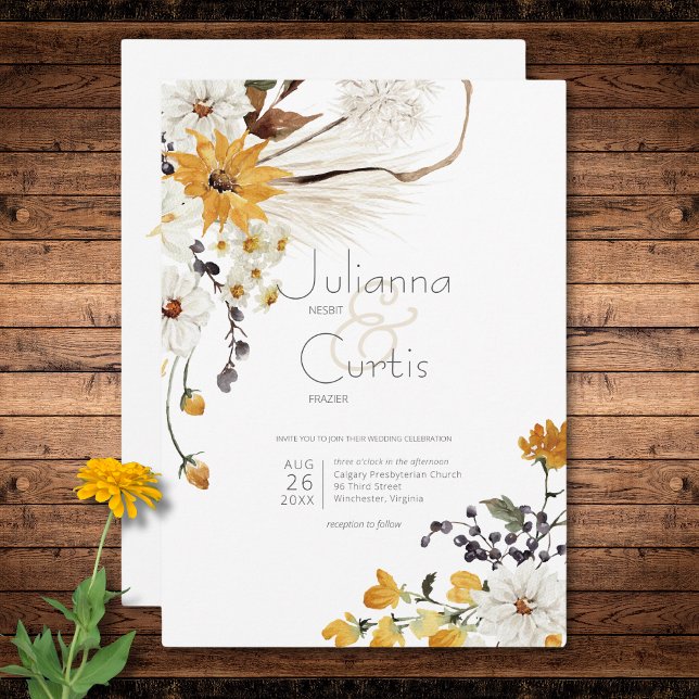 Boho Golden Yellow Meadow Flowers White Wedding Invitation (Boho Golden Yellow Meadow Flowers White Wedding Invitation)