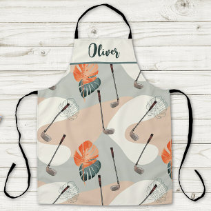 Boho Golf Clubs Pattern with Tropical Leaves Apron