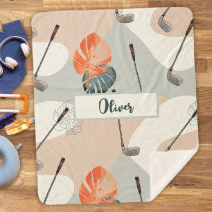 Boho Golf Clubs Pattern with Tropical Leaves Sherpa Blanket